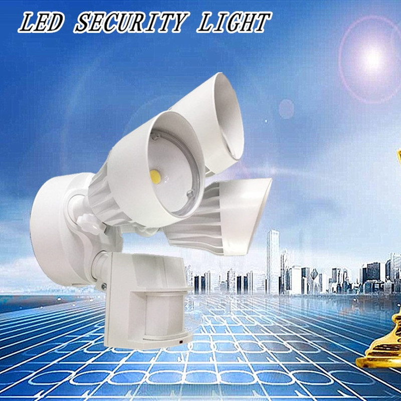 LED udendørs flodsikkerhedslys med bevægelsessensor, 30W, 3 hoved, hvid, bevægelseslys